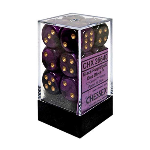 Chessex Gemini 16mm d6 with pips Dice Blocks (12 Dice) - Black-Purple w/Gold von Chessex