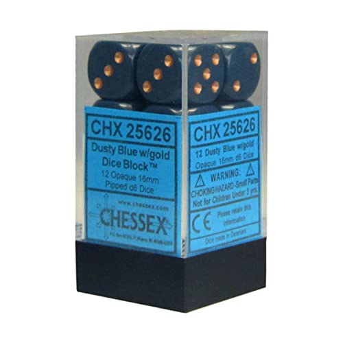 Chessex Opaque 16mm d6 with pips Dice Blocks (12 Dice) - Dusty Blue w/Gold von Chessex