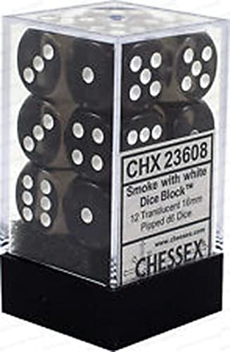 Chessex Translucent 16mm d6 with pips Dice Blocks (12 Dice) - Smoke w/White von Chessex