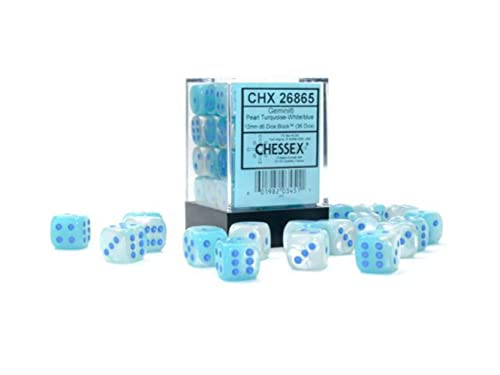 Gemini® 12mm d6 Pearl Turquoise-White/blue Luminary™ Dice Block™ (36 dice) von Chessex