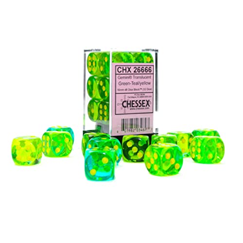 Gemini® 16mm d6 Translucent Green-Teal/yellow Dice Block™ (12 dice) von Chessex