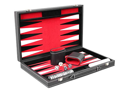 Backgammon-Set aus Leder, schwarz und eingelegt, königsrot, faltbar, traditionell, für Erwachsene, Kinder, Familie, Reise, Backgammon, Spielset, Aktentasche, Spielset, Doppelwürfel, 45,7 cm von Chessgammon