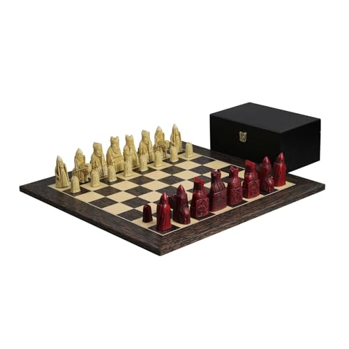 Isle of Lewis I Elfenbein & Rot Harz Schachfiguren 8,9 cm mit Tiger Ebenholz Schachbrett 50,8 cm von Chessgammon