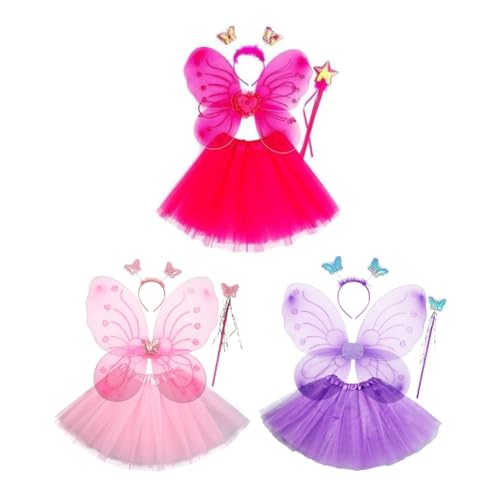 Chevnzev Kid Fairy Kostüm Set Butterfly Fairy Engelsflügel Mit Stirnband Rock Zauberstab Prinzessin Flügel Halloween Cosplay Flügel von Chevnzev