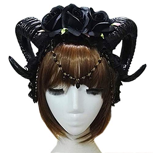 Chevnzev Mystical Womens Sheep Horn Stirnband 3 Rose Blumenschmuck Anhänger Kette Hair Hoop Für Vampire Dämon Gothic Cosplay Kostüm Kopfstück von Chevnzev