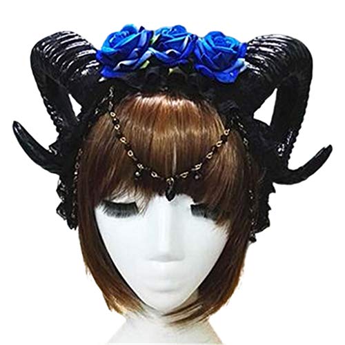 Chevnzev Mystical Womens Sheep Horn Stirnband 3 Rose Blumenschmuck Anhänger Kette Hair Hoop Für Vampire Dämon Gothic Cosplay Kostüm Kopfstück von Chevnzev