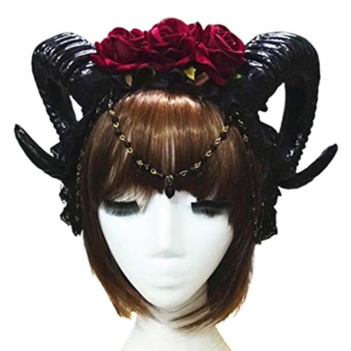 Chevnzev Mystical Womens Sheep Horn Stirnband 3 Rose Blumenschmuck Anhänger Kette Hair Hoop Für Vampire Dämon Gothic Cosplay Kostüm Kopfstück von Chevnzev