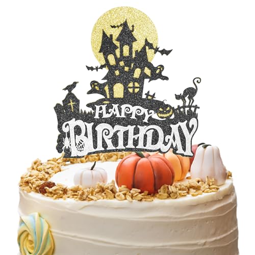 Chewarelly 1 Packung Halloween-Kuchenaufsätze, glitzernde Happy Birthday-Kuchenspieße für Party-Dekorationen (Happy Birthday) von Chewarelly