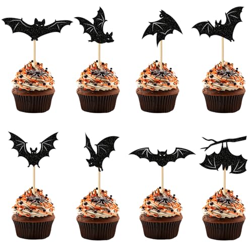 Chewarelly Halloween-Cupcake-Topper-Set, schwarze Glitzer-Fledermaus-Cupcake-Picks für Babyparty, Halloween und Geburtstagsparty-Dekorationen, 24 Stück Chewarelly Halloween-Cupcake-Topper-Set, schwarze Glitzer-Fledermaus-Cupcake-Picks für Babyparty, Halloween und Geburtstagsparty-Dekorationen, 24 Stück von Chewarelly