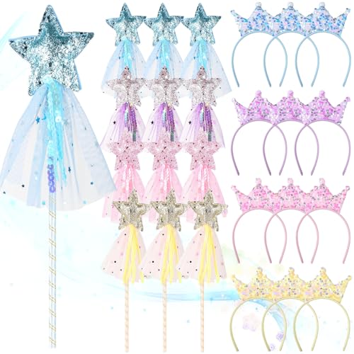 24-teiliges Feen-Zauberstab- und Stirnband-Set, glitzernde Prinzessinnen-Partygeschenke, bunte Zauberstäbe mit glitzernden Kronen für besondere Anlässe, Kunststoff und Polyester, Ohne Edelstein. von Chewtoyo