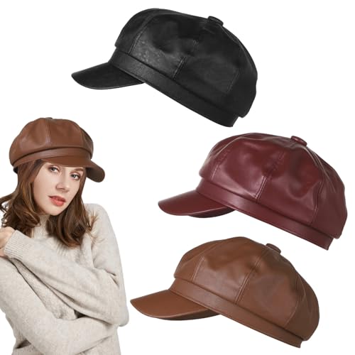 3 Stück Damen-Mützen aus Leder, 55,9 - 61 cm, Vintage-Zeitungsboy-Mützen, 3 Farben, Cabbie-Mützen für alle Jahreszeiten, Weinrot, Kaffeebraun, Schwarz, Einheitsgröße 3 Stück Damen-Mützen aus Leder, 55,9 - 61 cm, Vintage-Zeitungsboy-Mützen, 3 Farben, Cabbie-Mützen für alle Jahreszeiten, Weinrot, Kaffeebraun, Schwarz, Einheitsgröße von Chewtoyo