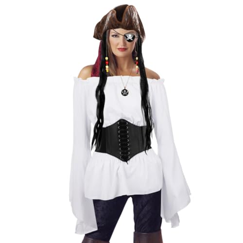 5-teiliges Piratenkostüm-Set für Damen, schulterfrei, Korsettgürtel, Piratenhut, Augenklappe und Halskette für Halloween, Weiss/opulenter Garten, Einheitsgröße 5-teiliges Piratenkostüm-Set für Damen, schulterfrei, Korsettgürtel, Piratenhut, Augenklappe und Halskette für Halloween, Weiss/opulenter Garten, Einheitsgröße von Chewtoyo