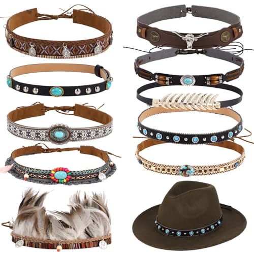 Chewtoyo 10-teiliges türkisfarbenes Cowboyhutband-Set, Perlen-Westernhutgürtel mit Federn, verstellbares Cowgirl-Stirnband-Zubehör von Chewtoyo