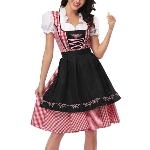 Damenkleid mit V-Ausschnitt, rot kariert, mit bestickter Schürze, ideal für Oktoberfest, Karneval und Halloween Damenkleid mit V-Ausschnitt, rot kariert, mit bestickter Schürze, ideal für Oktoberfest, Karneval und Halloween von Chewtoyo