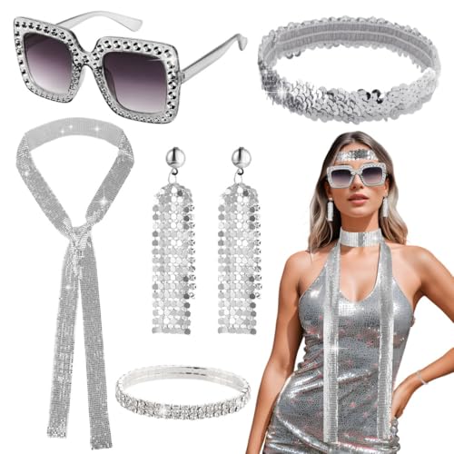 Disco-Party-Outfit-Set für Damen, 6-teiliges Pailletten-Ohrringe, Strass-Brille, Halskette und Stirnband, Festival- und Club-Kleidung, silber, Einheitsgröße Disco-Party-Outfit-Set für Damen, 6-teiliges Pailletten-Ohrringe, Strass-Brille, Halskette und Stirnband, Festival- und Club-Kleidung, silber, Einheitsgröße von Chewtoyo