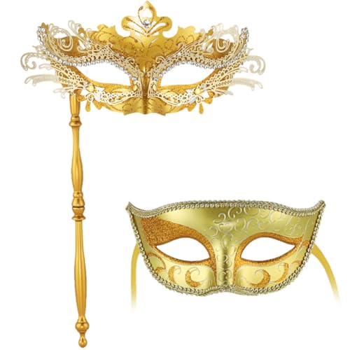 Ein Paar Maskenmasken für Paare, venezianische Karnevalsmasken, Damen-Handheld- und Herrenmaske für Halloween und Partys, Goldfarben, Einheitsgr��e von Chewtoyo