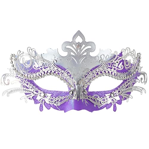 Elegante Karnevalsmaske für Frauen, silberne Maskerade Maske auf Stab, venezianisches Kostüm für Party, Dating, Halloween-Nacht, Silber, Violett, Einheitsgr��e von Chewtoyo