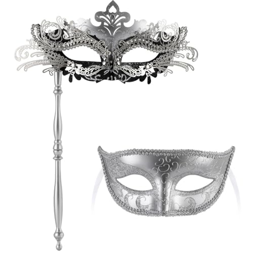Handheld-Paar-Maskenmasken Set für Männer und Frauen, venezianischer Stil für Kostümpartys, Karneval, Halloween Cosplay, silber, Einheitsgr��e von Chewtoyo