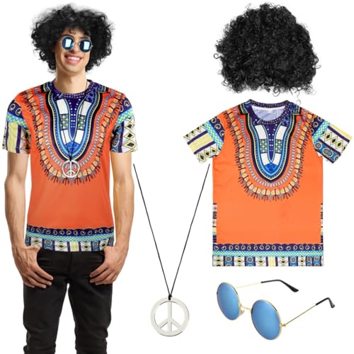 Retro Hippie Kostüm Set für Herren, 60er 70er Jahre inspiriertes Outfit, inklusive Hemd, Afro-Perücke, Sonnenbrille, Peace-Halskette, L-Größe, Mehrfarbig, Einheitsgröße Retro Hippie Kostüm Set für Herren, 60er 70er Jahre inspiriertes Outfit, inklusive Hemd, Afro-Perücke, Sonnenbrille, Peace-Halskette, L-Größe, Mehrfarbig, Einheitsgröße von Chewtoyo