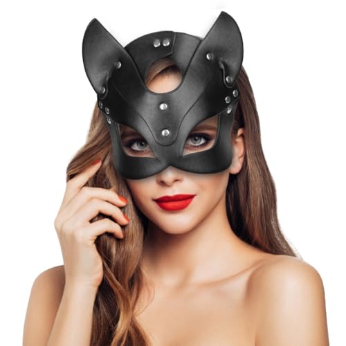 Schwarze Halbmaske für Damen, Leder-Katzen-Maske, Party-Maske für Halloween und Cosplay, verstellbares Band für Komfort, Schwarz, Einheitsgr��e Schwarze Halbmaske für Damen, Leder-Katzen-Maske, Party-Maske für Halloween und Cosplay, verstellbares Band für Komfort, Schwarz, Einheitsgr��e von Chewtoyo