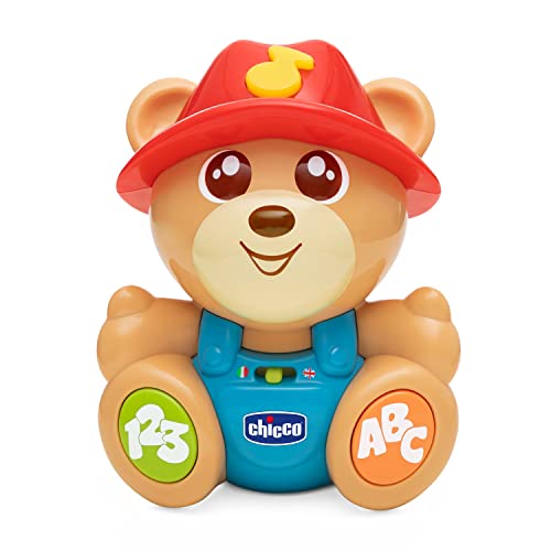 Chicco 00010744000680 Bear Teddy der Freund Bär, interaktives Spielzeug, zweisprachiges Spiel, 2 Spielstufen, lehrt Kinderreime, Zahlen, Buchstaben und Namen der Tiere, 6-36 Monate von Chicco