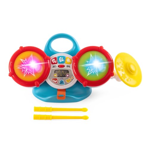 Chicco Meine erste Batterie, Elektronisches Musikspiel, Zwei Trommeln und EIN Becken, 2 Trommelstöcke enthalten, über 35 Klänge und Melodien, 5 Lautstärkestufen, farbige Lichter, 3 Spielmodi, 18-36m von Chicco