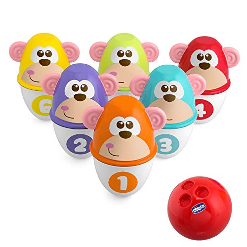 Chicco Monkey Strike Kids Bowling Set - Kegelspiel für Kinder mit 6 trennbaren Pins, stapelbar in 12 Teile, inklusive Kunststoffball - Kegelspielzeug, Geschenke für Kinder von 18 Monaten bis 8 Jahren von Chicco