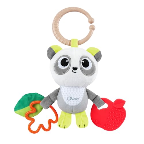 Chicco Panda Early Activity Rattle, niedliche Panda-Rassel mit Stoffteilen und Kunststoffanhängern, mit Beißring und Haken zum Befestigen an Kinderwagen und Autositz, 3-24 Monate von Chicco