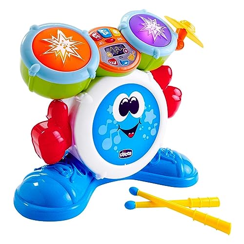 Chicco Rock Band Drums, Kindertrommeln, aufrüstbare elektronische Musikinstrumente mit 4 Arten von Musik und Lichtspielen, Musikspielzeug für Kinder 1-4 Jahre (Italienische Version) von Chicco