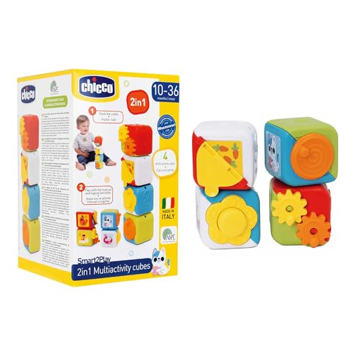 Chicco 2in1 Multiaktivitäts-Würfel, Set mit 4 farbigen Tierblöcken, stapelbar für sensorischen Spaß, manuelle und logische Aktivitäten, Spielzeug für Kinder, 10-36 Monate von Chicco