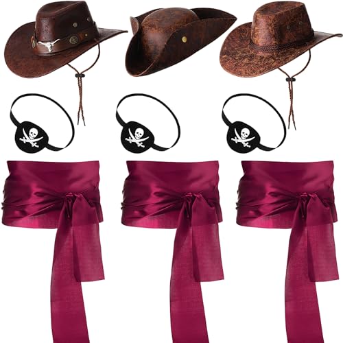 Chicingyou 9-teiliges Halloween-Piratenhut-Kostüm-Set für Erwachsene, PU-Leder, Kapitänshut, Satin-Gürtel, Augenmasken für Cosplay, Braun, Einheitsgröße von Chicingyou