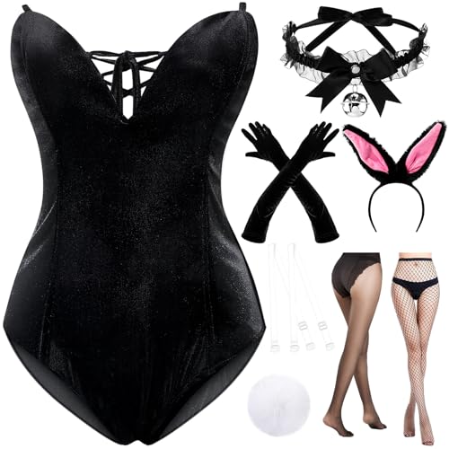 Chicingyou Anime-Hasenkostüm für Damen, Samt, Hase, Halloween-Outfit, Mädchen, Anzug, Strümpfe, Hasenohren, Haarband, Fliege, Cosplay, Schwarz, L Chicingyou Anime-Hasenkostüm für Damen, Samt, Hase, Halloween-Outfit, Mädchen, Anzug, Strümpfe, Hasenohren, Haarband, Fliege, Cosplay, Schwarz, L von Chicingyou