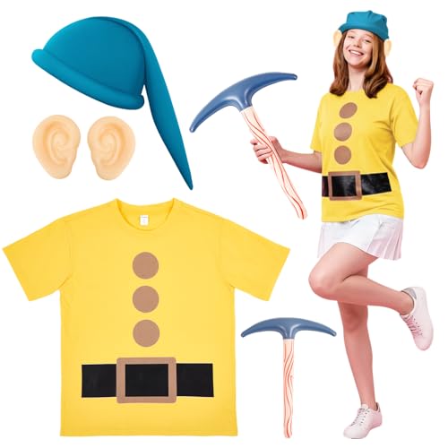 Chicingyou Halloween Zwerg Kostüm Set, Zwerg T-Shirt Wichtel Hut Gefälschte Ohren Spitzhacke für Party Cosplay Zwerg Kostüm Zubehör, Blau, Gelb, M von Chicingyou