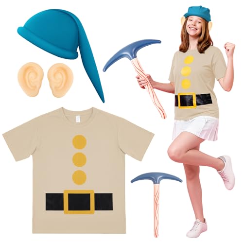 Chicingyou Halloween Zwerg Kostüm Set, Zwerg T-Shirt Wichtel Hut Gefälschte Ohren Spitzhacke für Party Cosplay Zwerg Kostüm Zubehör, Blau, Khaki, M von Chicingyou