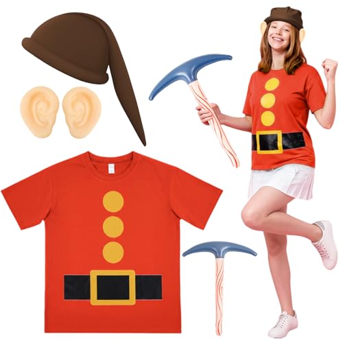 Chicingyou Halloween Zwerg Kostüm Set, Zwerg T-Shirt Wichtel Hut Gefälschte Ohren Spitzhacke für Party Cosplay Zwerg Kostüm Zubehör, Braun, Orange, XL Chicingyou Halloween Zwerg Kostüm Set, Zwerg T-Shirt Wichtel Hut Gefälschte Ohren Spitzhacke für Party Cosplay Zwerg Kostüm Zubehör, Braun, Orange, XL von Chicingyou