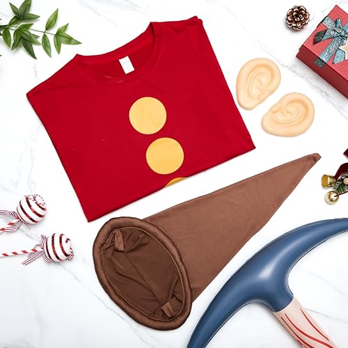 Chicingyou Halloween Zwerg Kostüm Set, Zwerg T-Shirt Wichtel Hut Gefälschte Ohren Spitzhacke für Party Cosplay Zwerg Kostüm Zubehör, Braun, Rot, L von Chicingyou