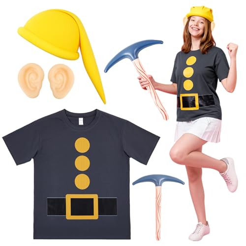 Chicingyou Halloween Zwerg Kostüm Set, Zwerg T-Shirt Wichtel Hut Gefälschte Ohren Spitzhacke für Party Cosplay Zwerg Kostüm Zubehör, Gelb, Dunkelgrau, 3XL von Chicingyou
