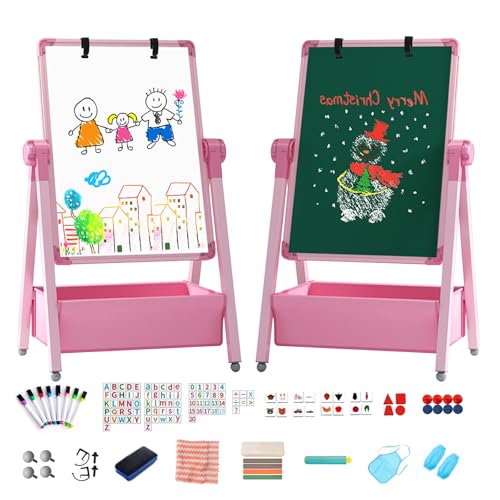 Kinderstaffelei Doppelseitige Eisenkunst-Staffelei mit Büroklammer Faltbares Zeichenbrett Höhenverstellbar Stehstaffelei 360° Drehbar Whiteboard Kreidetafel mit Buchstaben Zahlen für Jungen Mädchen von Chidiam