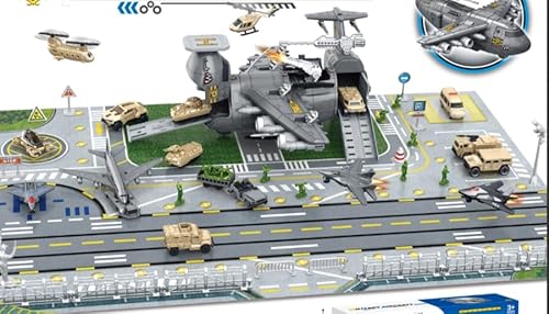 Militär Transport Fracht Flugzeug Militärflugzeug Autos Spielzeug mit Fahrzeug Soldaten Hubschrauber Kampf, Modell Spielzeug mit Figuren,Mini Armee Basis Spielkarte für Kinder 3+ Jungen Mädchen von Chidiam