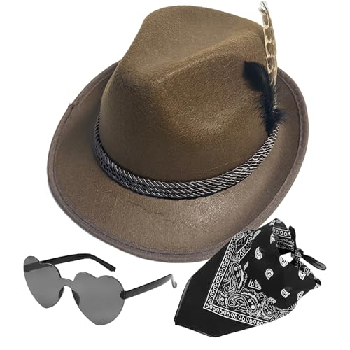 Deutscher Alpenjäger Hut Set - Kunstleder Vlieshut mit Brille & Kopftuch Oktoberfest Kostüm Zubehör von Chienc