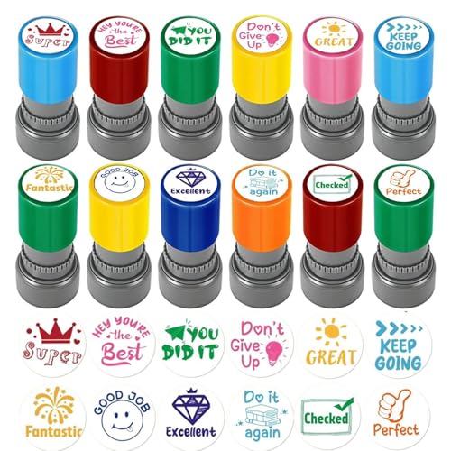 Klassenzimmer-Stempel-Set – 12-teiliges Lehrer-Bewertungs-Toolkit | Tragbare pädagogische Stempel für Hausaufgaben-Feedback & Verhaltensverfolgung von Schülern von Chienc
