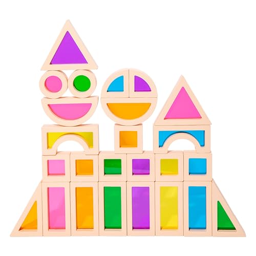 Childlike Behavior Bausteine Holz-Acryl Montessori Spielzeug - Regenbogen Holzbauklötze 25-er Set mit 8 Formen und bunten Farben zur Förderung der Form- und Farberkennung - bauklötze von Childlike Behavior