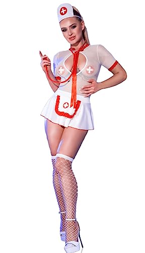 .Chilirose Frauen Dessous Kostüm erotisch Krankenschwester Doktor Outfit aus Body und Rock, Nipple Covers und Strümpfe mit Spitze weiß rot Größe: S/M von .Chilirose