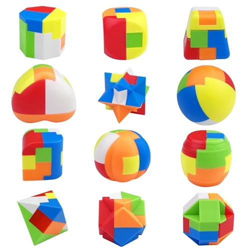Chiluxendo 12 Stück IQ Spiele, Knobelspiele, Geschicklichkeitsspiele, Knobelspiel, Geduldspiele, Logikspiele, Plastikpuzzle, 3D Mini Puzzle Denkspiele Spielzeug Geschenk Set für Erwachsene & Kinder von Chiluxendo