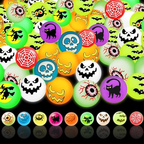 Chingcoo 81 Stück Halloween Luminous Flummi Im Dunkeln, Leuchtende Flummies für Kinder, Springende Bälle, Gummiball Hüpfball für Halloween Party Mitgebel Spielzeug Geschenk Süßes oder Saures von Chingcoo