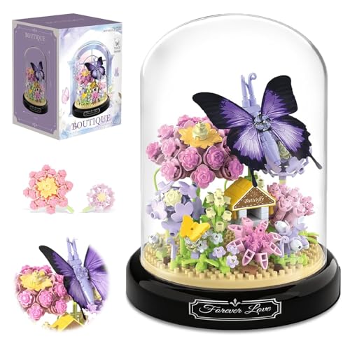 Chingcoo Violette Schmetterlinge，582 PCS Micro Mini Baustein Set, Blumen Insekten Klemmbausteine mit Staubdichter Kuppel und Sockel von Chingcoo