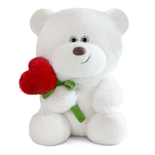 Chingcoo Teddybär, Plüsch-Bär, 28cm Teddy mit Rose, Stofftier Spielzeug, Herz Rose Teddybär Plüschtiere Geschenke für Mama, Kinder, Liebhaber, Geburtstag, Valentinstag, Weihnachten (Weiß) von Chingcoo