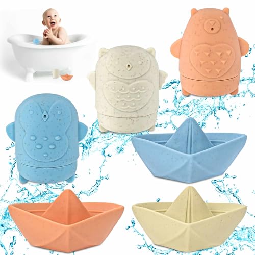 Badespielzeug Baby ab 1 2 Jahr, Baby Kinder Silikon Badewannenspielzeug Schimmelfreies, Ohne Loch Wasserspielzeug Badewanne Spielzeug mit Spritztiere/Badeboote von Chinloca