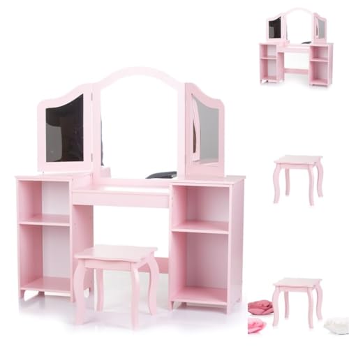Chipolino Kinder Schminktisch Spiegel, Hocker, Holz, Stauraum, offene Regale, Farbe:rosa Chipolino Kinder Schminktisch Spiegel, Hocker, Holz, Stauraum, offene Regale, Farbe:rosa von Chipolino