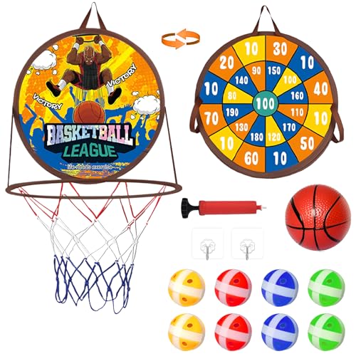 Chithor Klett Dartscheibe Kinder Mit Basketballkorb, 2 in 1 Doppelseitiges Dartscheibe und Mini Basketballkorb Spielzeug, Faltbares Indoor und Outdoor Wurfspiel für Kinder Geschenk Spielzeug von Chithor